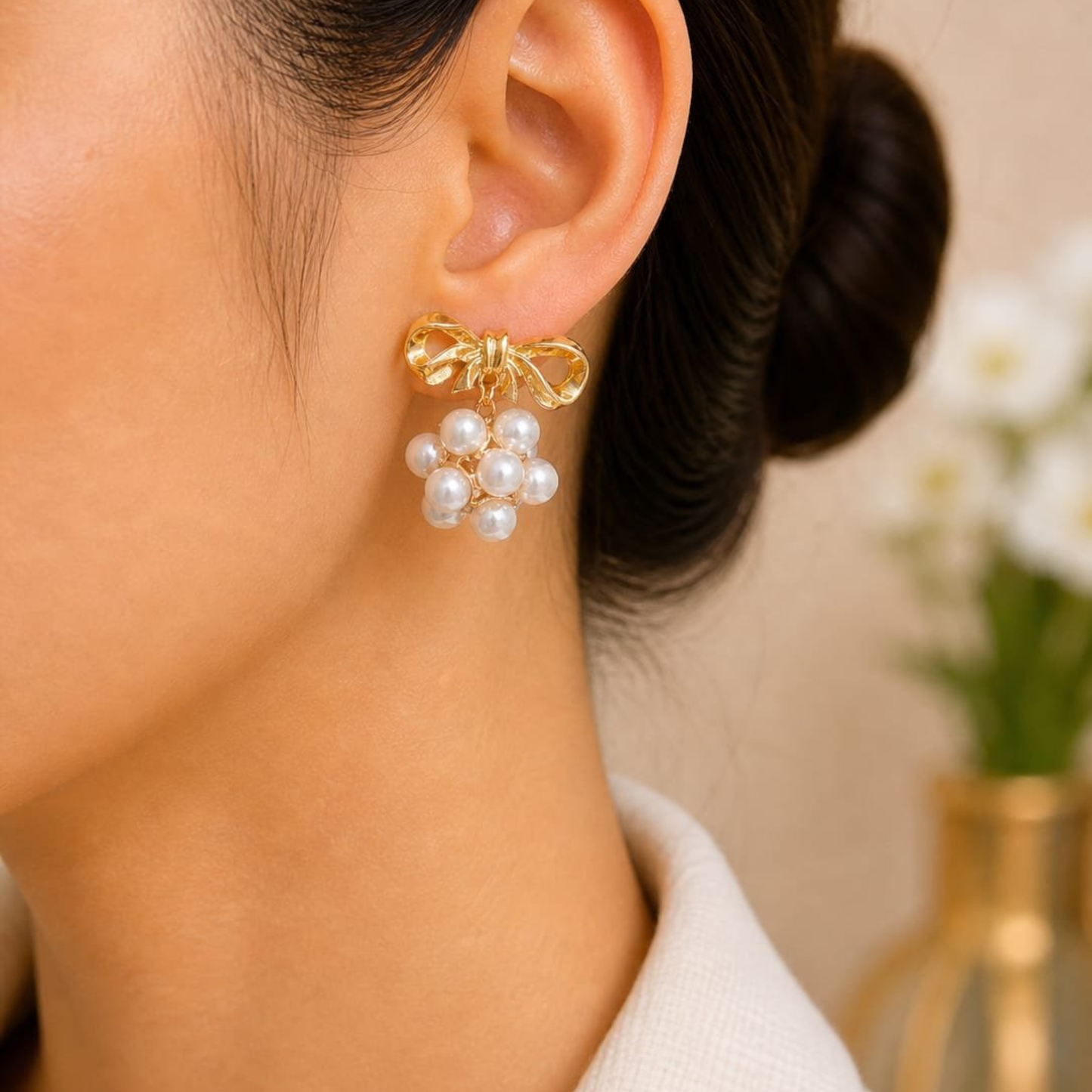 Golden Pearl Bow Earrings