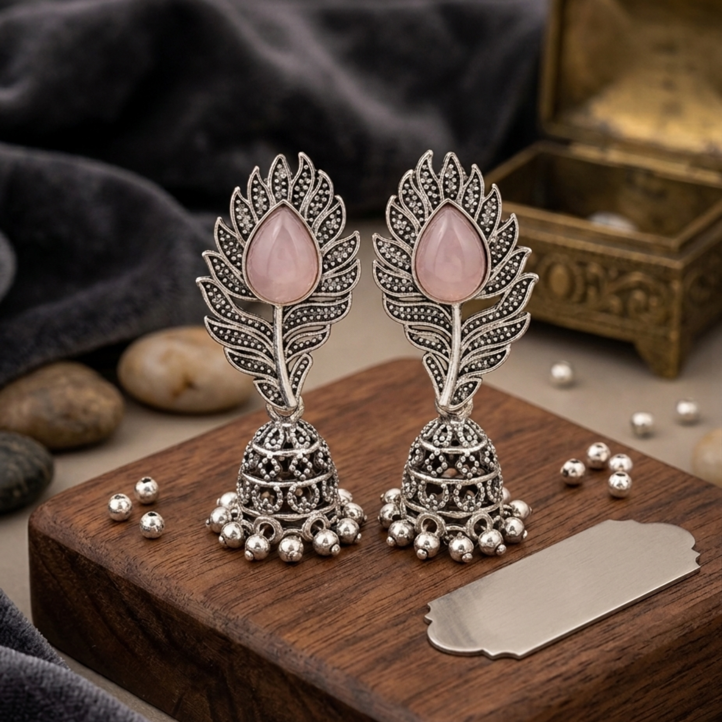 Blush Leaf Peacock Jhumka Earrings