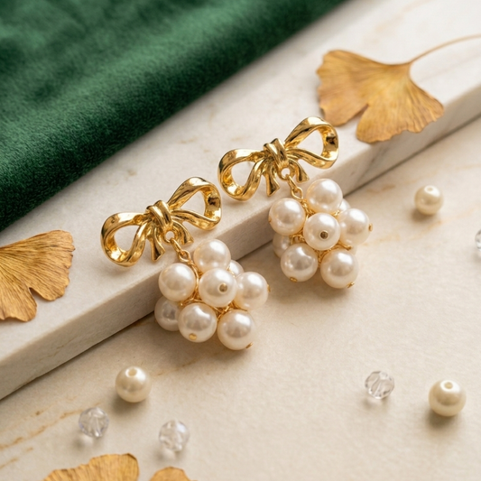 Golden Pearl Bow Earrings