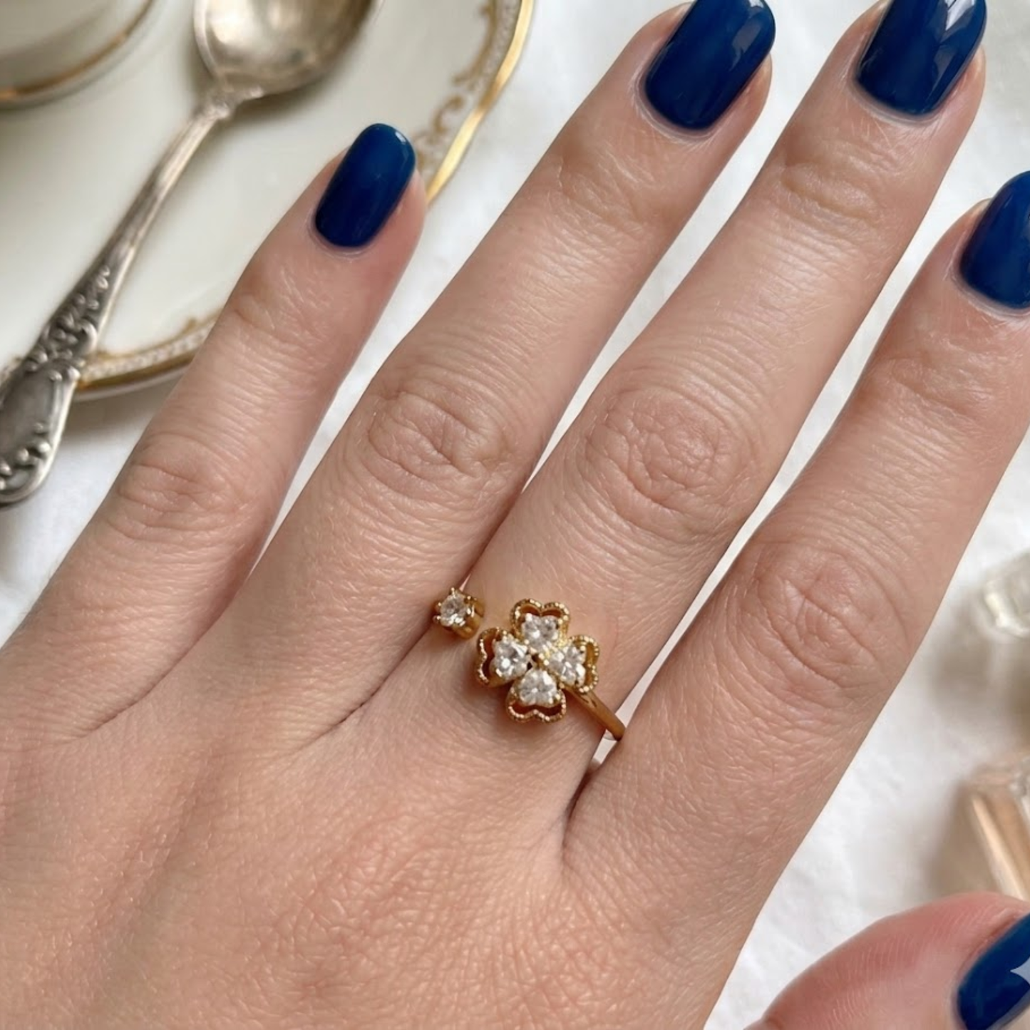 Anti-Tarnish Gold Clover Crystal Ring