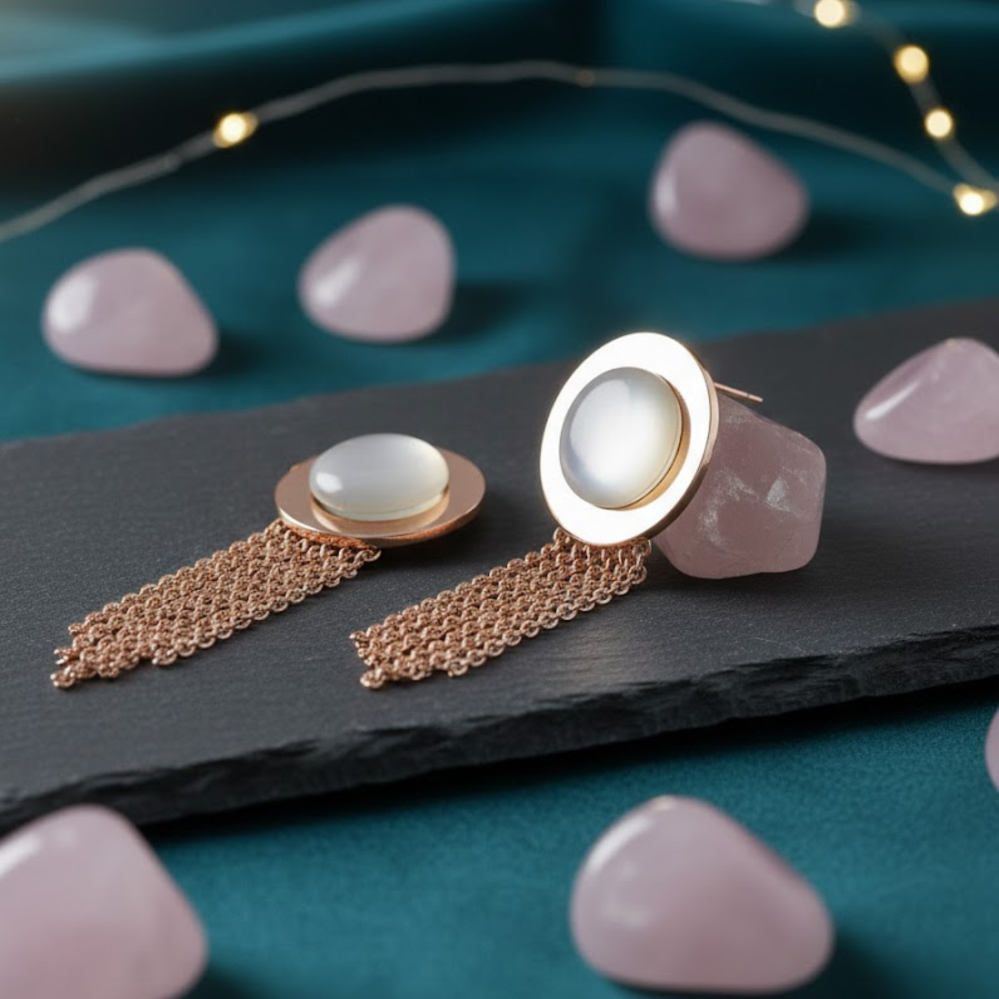 Gold Circular Stud Chain Tassel Earrings