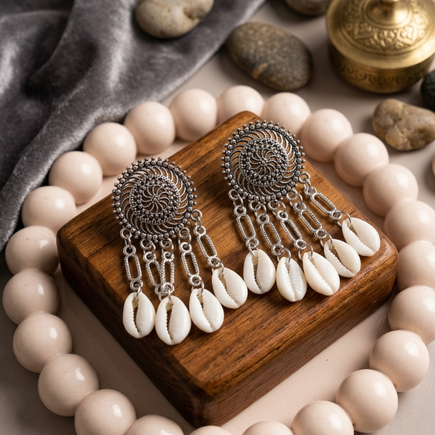 Oxidised Tribal Shell Earrings