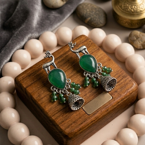 Green Stone Oxidized Earrings