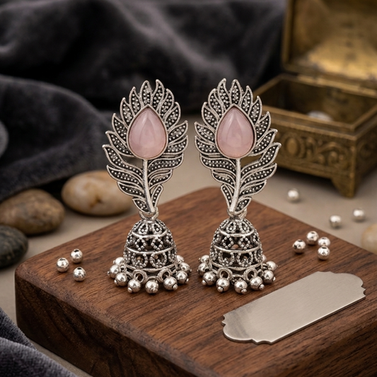 Blush Leaf Peacock Jhumka Earrings