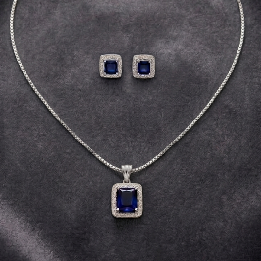 Silver Plated Blue Crystal Studded Rectangular Pendent Set