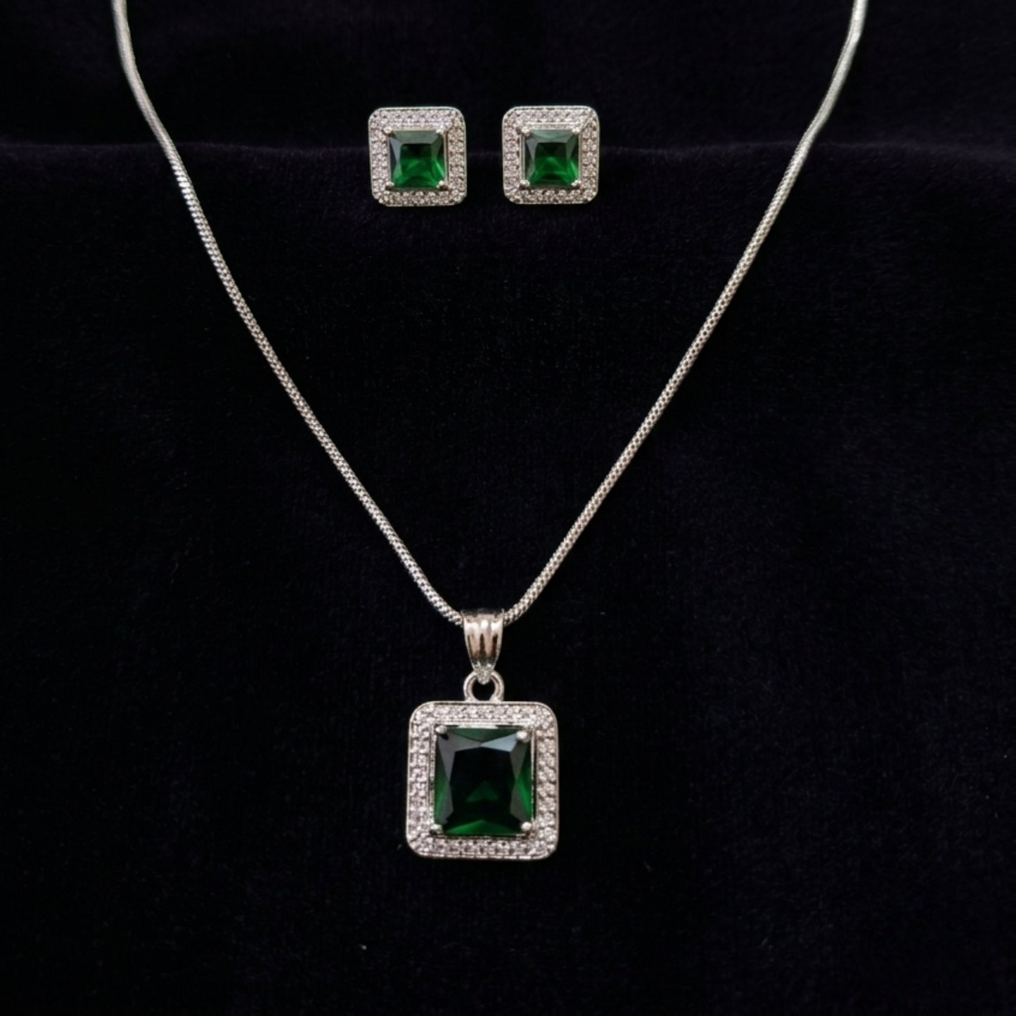 Silver Plated Green Crystal Studded Rectangular Pendent Set