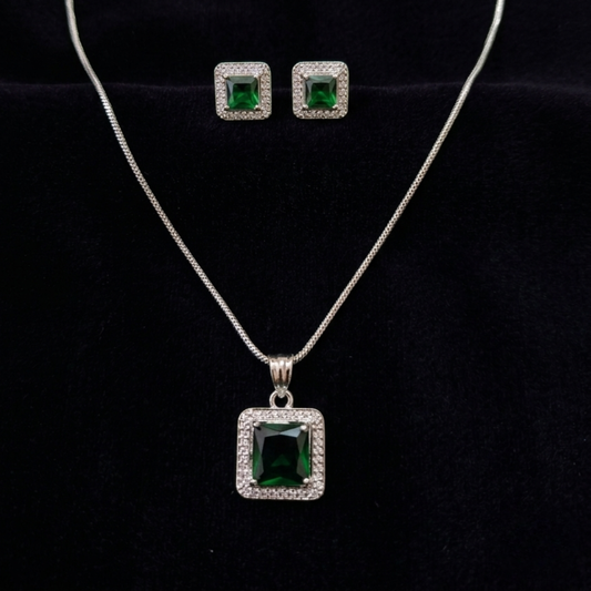 Silver Plated Green Crystal Studded Rectangular Pendent Set