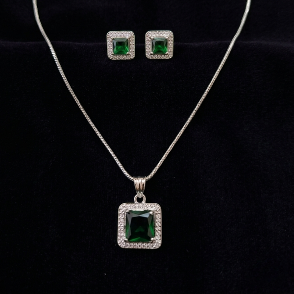 Silver Plated Green Crystal Studded Rectangular Pendent Set