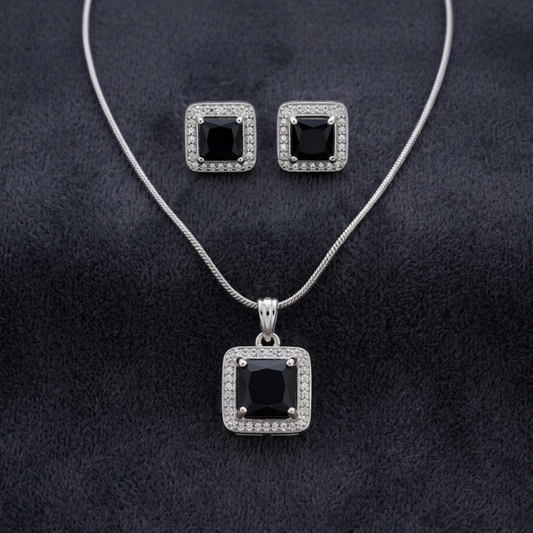 Black Silver Plated Crystal Studded Rectangular Pendant Set