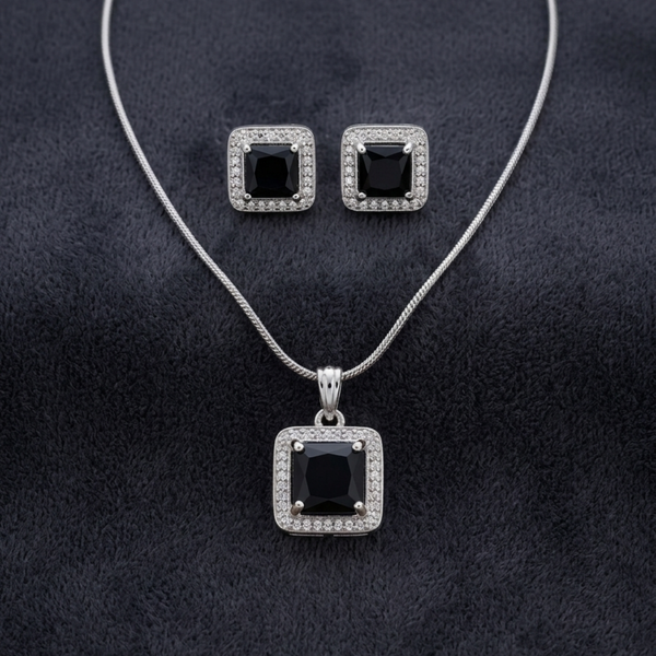 Black Silver Plated Crystal Studded Rectangular Pendant Set