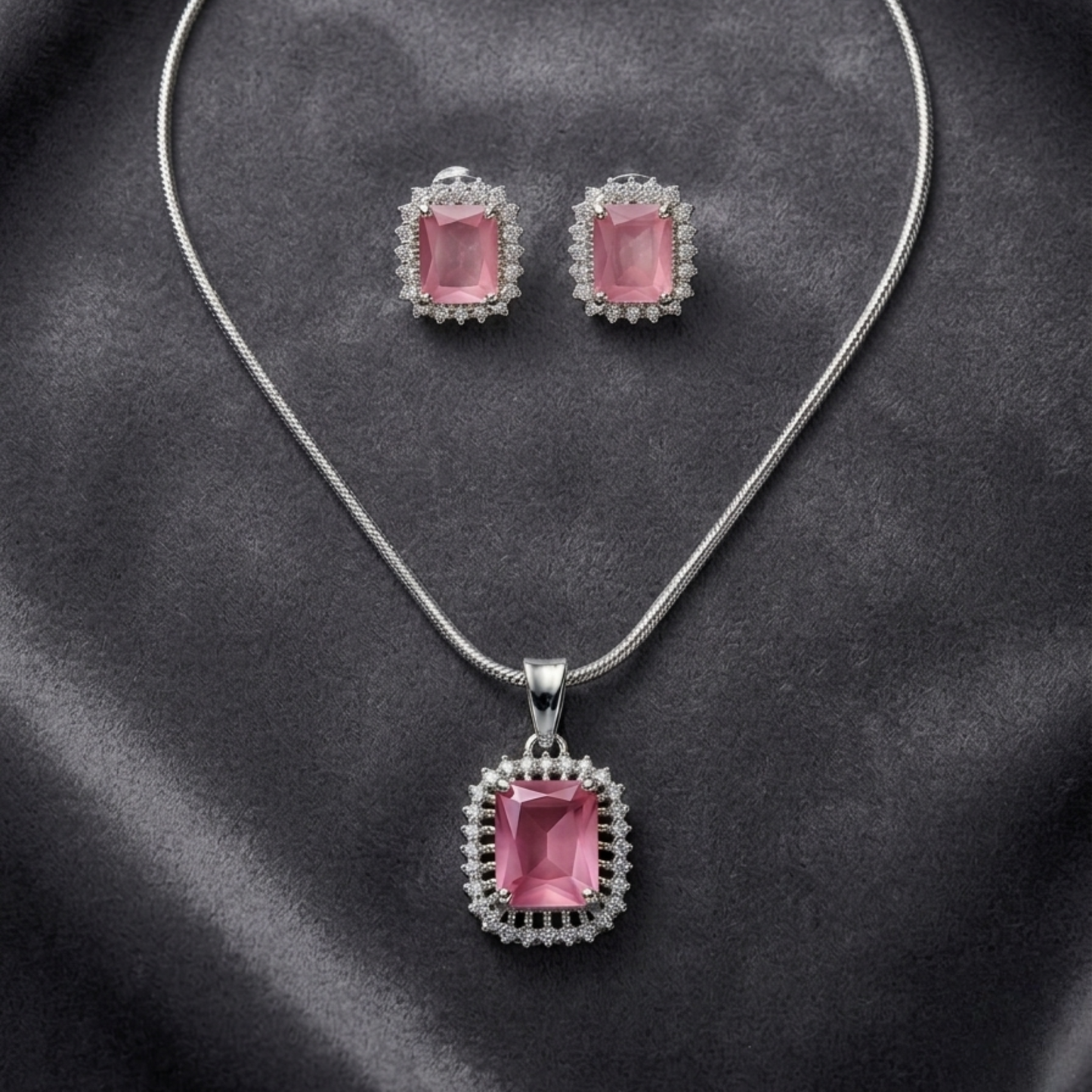 Pink Silver Plated Crystal Studded Rectangular Pendant Set