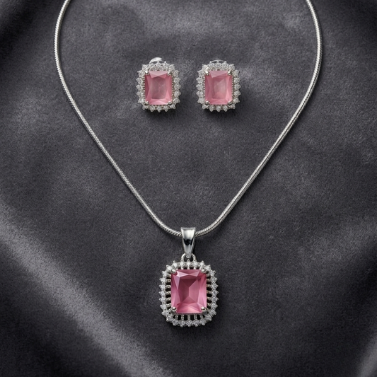 Pink Silver Plated Crystal Studded Rectangular Pendant Set