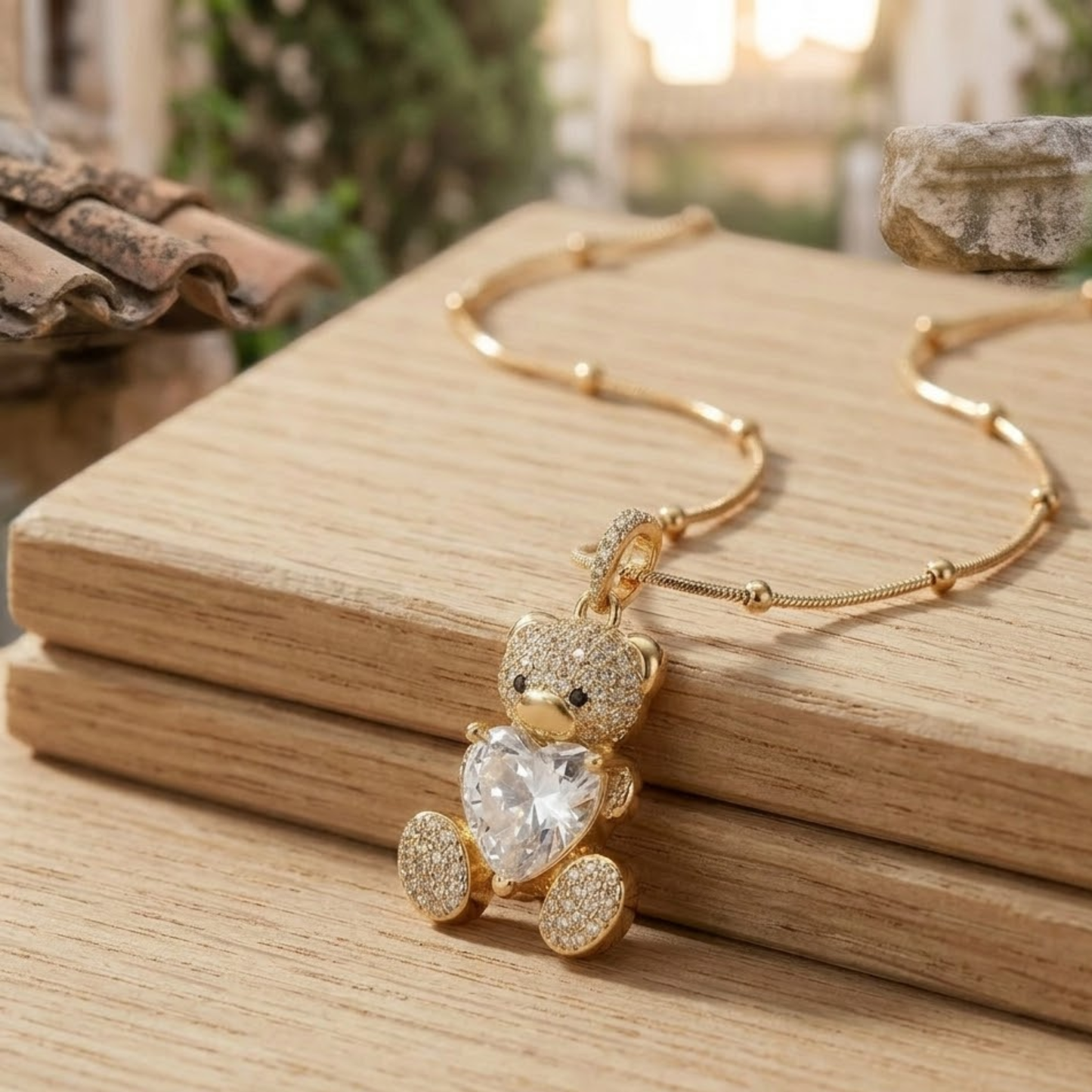 Crystal Heart Teddy Bear Pendant Set