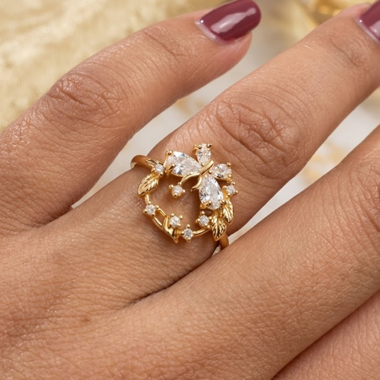 Golden Butterfly Floral Ring