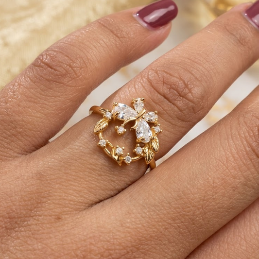 Golden Butterfly Floral Ring