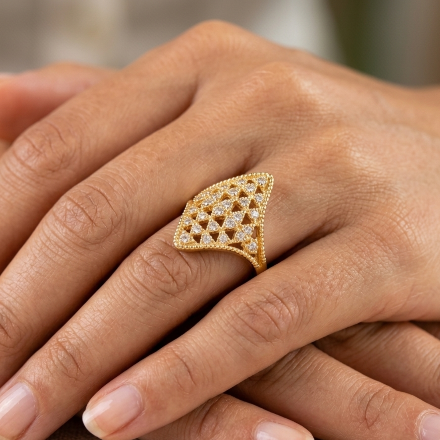 Golden Lattice Sparkle Ring