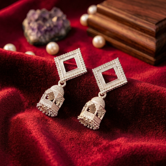 Silver-Tone Square Stud Jhumkas